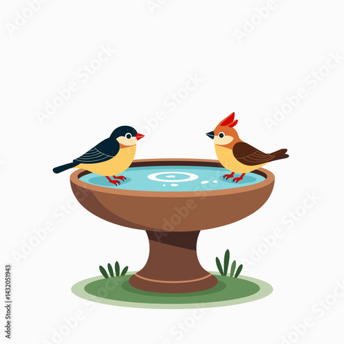 birds at water fountain  cartoon illustration with blue bird and red bird
