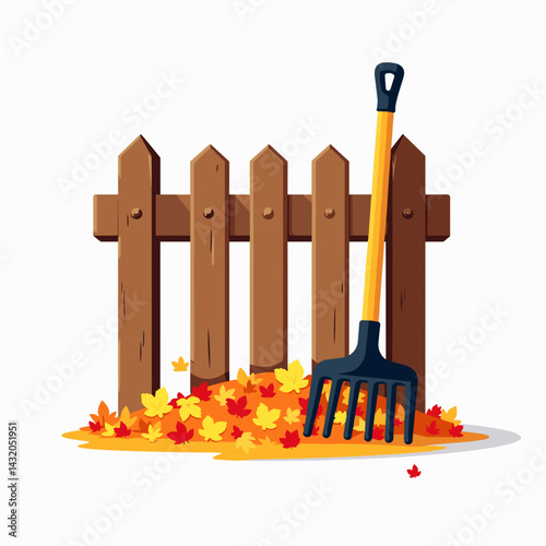 autumn yard maintenance tools shovel and rake with wooden fence background