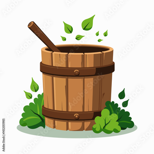handcrafted wooden barrel with greenery and leaves