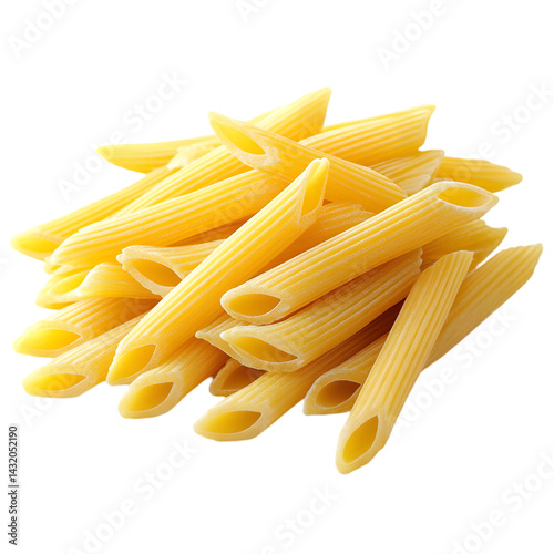 A close up shot of a pile of uncooked penne pasta with a black background in a studio setting today