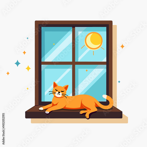 cute orange cat laying in window sill with sunshine illustration