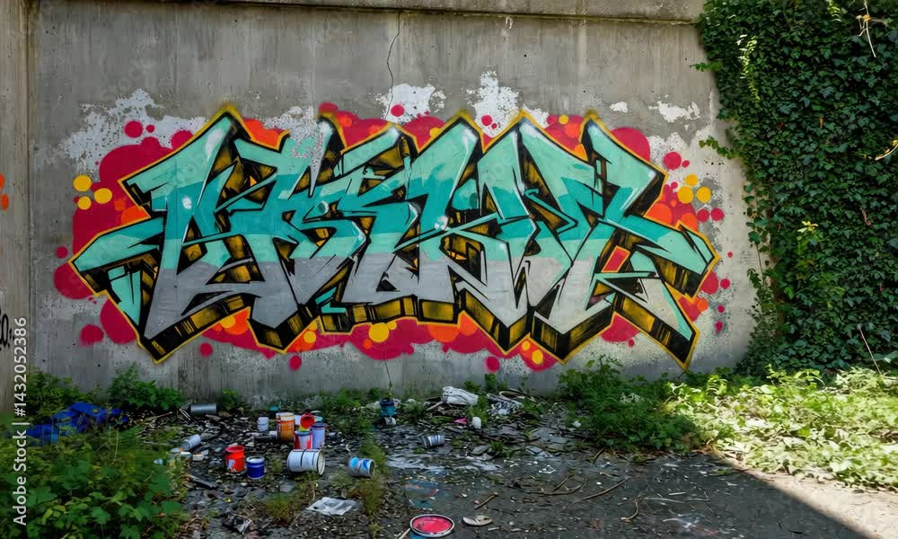 Colorful urban graffiti mural on concrete wall with trash scattered around