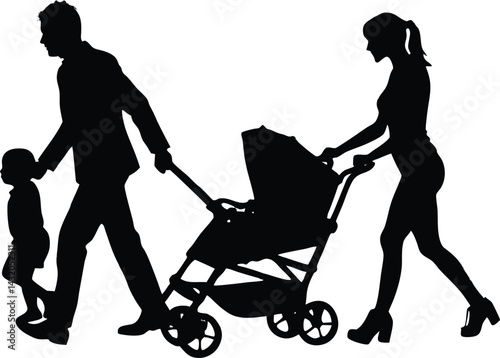 Silhouette of Couple Pushing Twins in Stroller