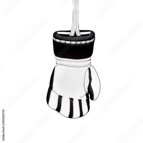 A black and white boxing glove hangs by its laces, showcasing a bold, minimalist design with striped accents and a sleek, sporty appearance.