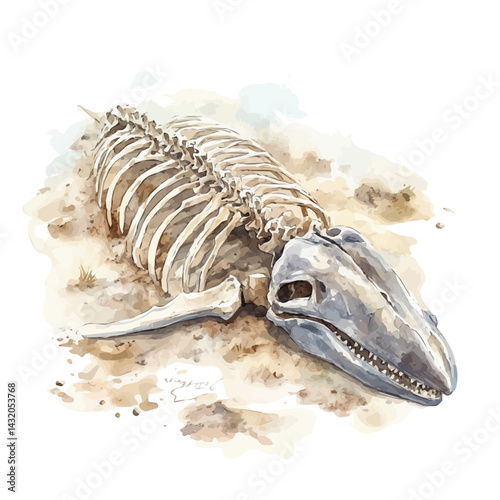 Whale Skeleton Lying In Ocean Silt, watercolor vector, isolated on a white background.
