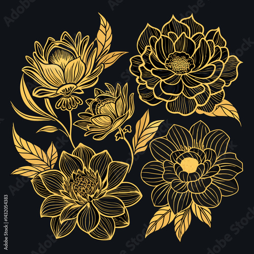 Vector set of gold line japanese, chinese flowers illustrations. Peonies vintage elegant art, wedding ornament, asian botanical graphic, best design, luxury design wedding element
