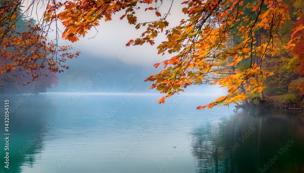 foliage in fall colors on the branches blurred nature background with forest on the shore of a lake mysterious foggy weather foliage in fall colors on the branches blurred nature background with forest on the shore of a lake mysterious foggy weather