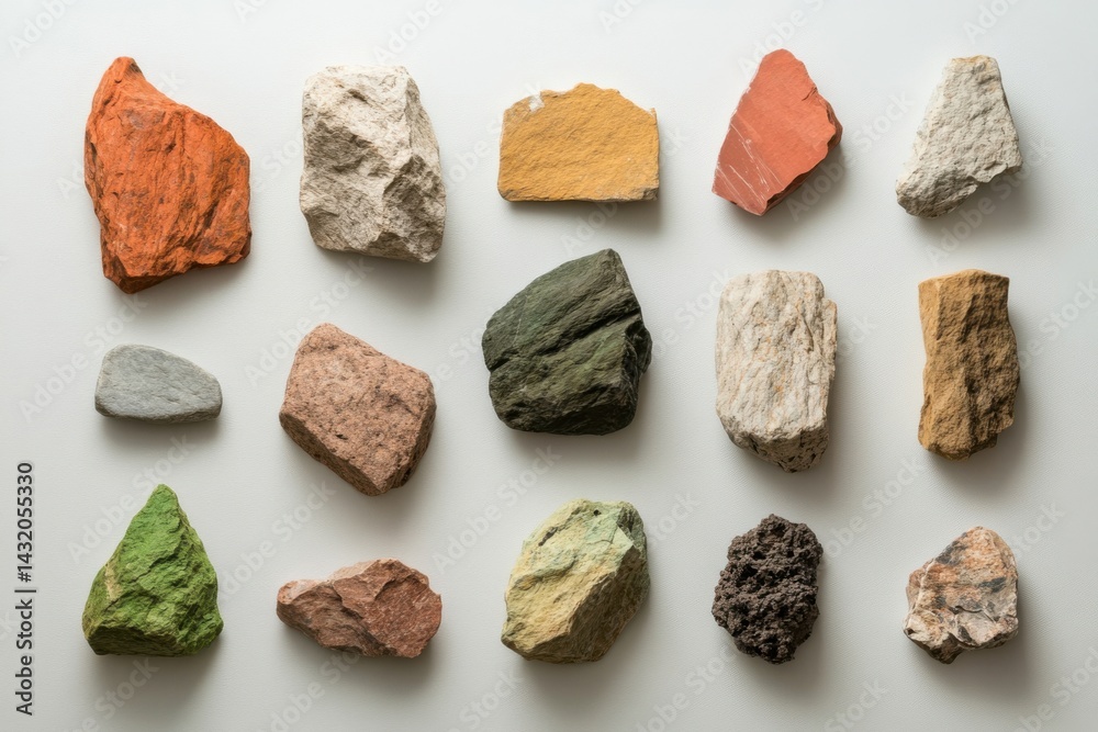 Collection of natural stones and minerals arranged on a light background showcasing diverse colors and textures Collection of natural stones and minerals arranged on a light background showcasing diverse colors and textures