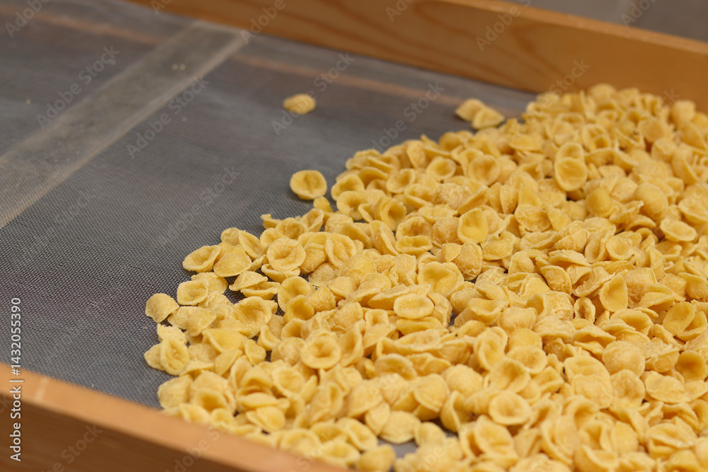 Orecchiette, a type of Italian pasta. Demonstration of the famous Apulian orecchiette common in Italy. Varieties of fresh pasta. Italian pasta in the shape of small ears. Handmade orecchiette pasta
