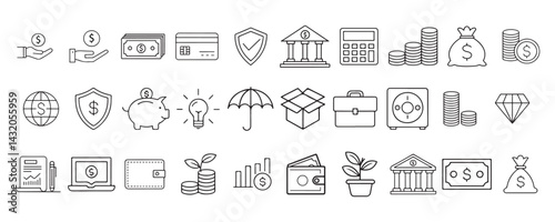 Financial Line Icons, Minimalist Vector Set with Editable Strokes for Business and Investment