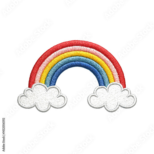 Isolated embroidered patch logo featuring a simple rainbow arcing across soft clouds on a white background