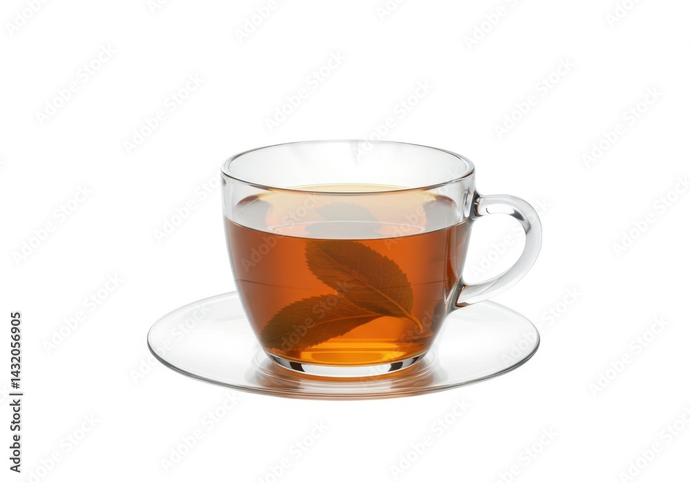 Cup of tea with leaves in clear glass isolated on white background