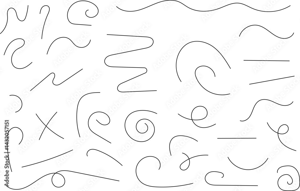 Hand drawn lines set. Hand drawn freehand different curved lines, swirls arrows. Curved arrow line. Doodle, sketch style. Isolated Vector illustration. Hand drawn lines set. Hand drawn freehand different curved lines, swirls arrows. Curved arrow line. Doodle, sketch style. Isolated Vector illustration.