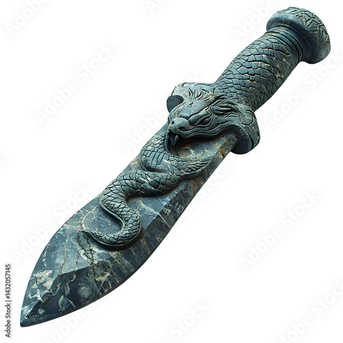 Ancient stone dagger, shaped like a snake with a carved hilt representing a dragon, isolated on white background. photo