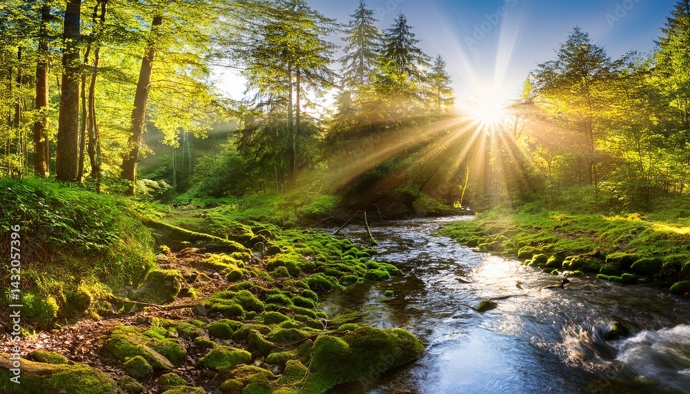 Fototapeta premium wald panorama mit bach und sonnenstrahlen