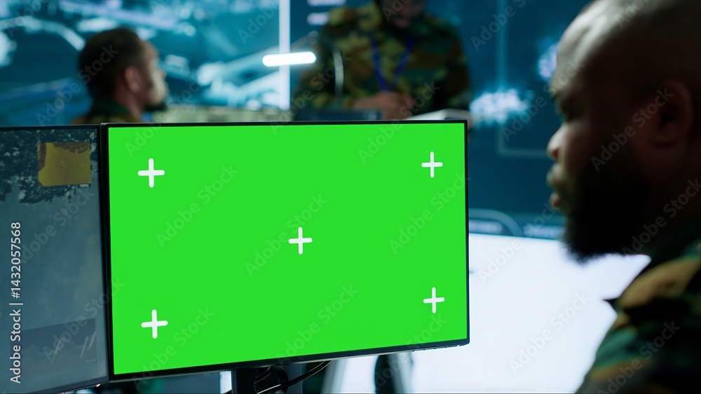 Army IT expert in control center collecting real time battlefield data, process satellite surveillance imagery for successful military defense mission. Using green screen isolated display. Camera A.