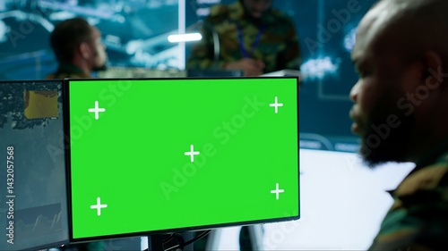 Obraz na płótnie Army IT expert in control center collecting real time battlefield data, process satellite surveillance imagery for successful military defense mission. Using green screen isolated display. Camera A. w salonie