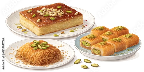 Three plates of middle eastern desserts with pistachios on a white background illustration