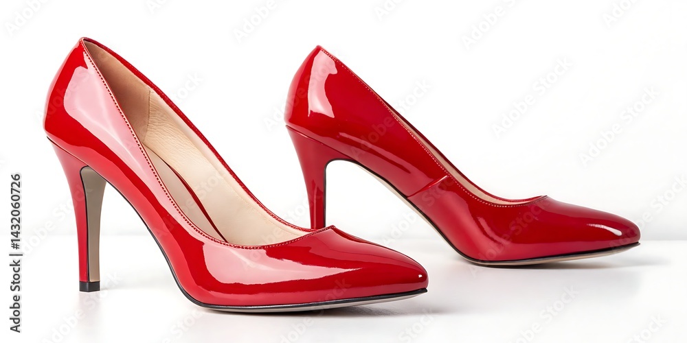Two shiny red patent leather high heel shoes are placed on a white surface in a studio setting Two shiny red patent leather high heel shoes are placed on a white surface in a studio setting