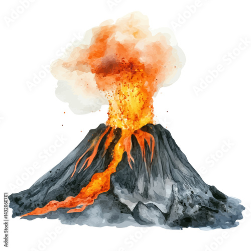 Volcano Erupting With Molten Lava, watercolor vector, isolated on a white background.