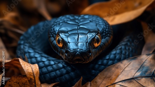Mesmerizing black mamba snake slithering through dry leaves glistening dark scales intense stare extreme close up wildlife photography