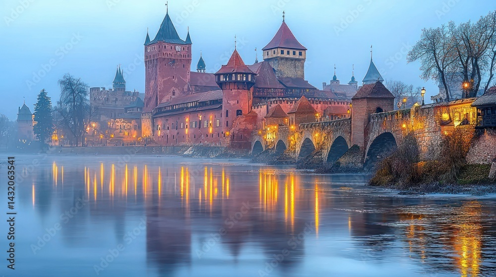 Obraz premium Malbork Castle at Dusk: A Serene Reflection