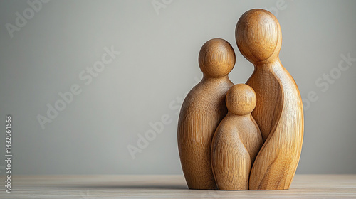 Minimal wooden sculpture of a mother embracing her children, symbolizing nurturing, family unity, and generational connection; represents demographics, population growth, and social care.

