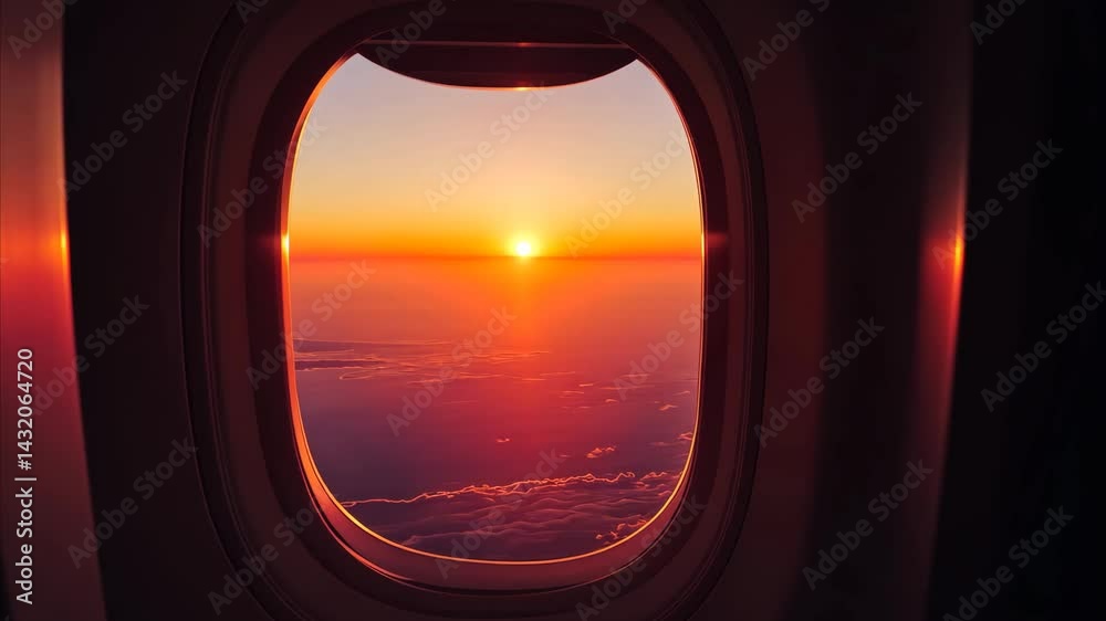 Beautiful sunset view from an airplane window during a journey, Airplane flying at the sunset, side window picturesque view reveal Beautiful sunset view from an airplane window during a journey, Airplane flying at the sunset, side window picturesque view reveal