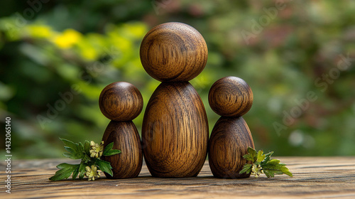 Minimal wooden sculpture of a mother embracing her children, symbolizing nurturing, family unity, and generational connection; represents demographics, population growth, and social care.

