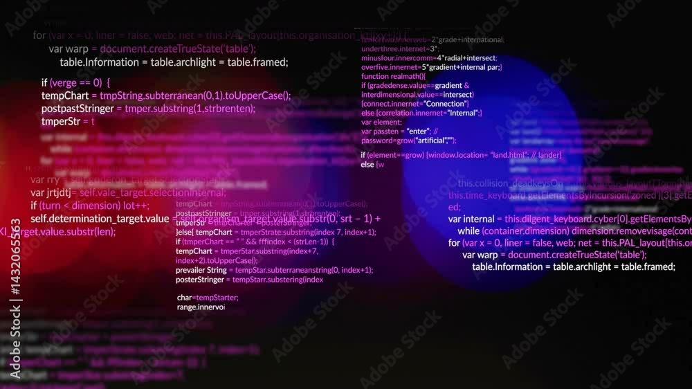 Displaying overlaid JavaScript code on dark screen, highlighting syntax with colored bokeh circles