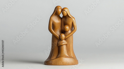 Minimal wooden sculpture of a mother embracing her children, symbolizing nurturing, family unity, and generational connection; represents demographics, population growth, and social care.

