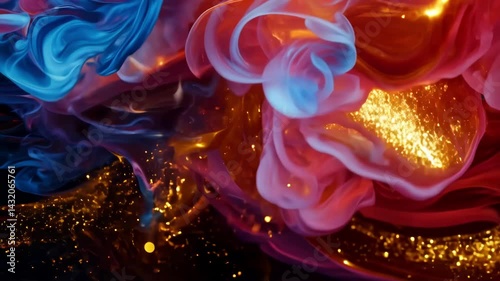 Vibrant abstract fluid art with swirling blue, pink, and purple colors mixing with golden glitter particles against a black background. The paint flows and transforms creating mesmerizing patterns.