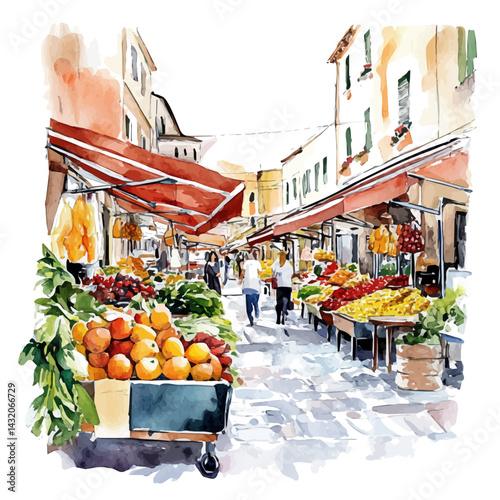 illustration of Vibrant Urban Market Street, watercolor vector, isolated on a white background.