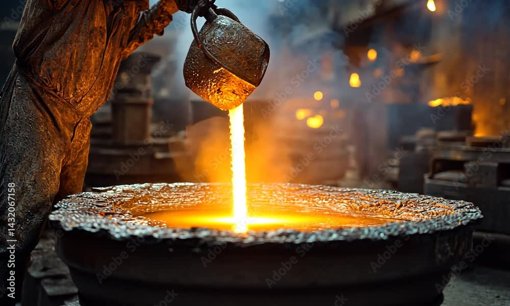 A craftsman pouring molten metal into a mold in a dimly lit foundry, showcasing the art of metalworking