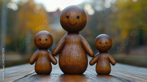 Minimal wooden sculpture of a mother embracing her children, symbolizing nurturing, family unity, and generational connection; represents demographics, population growth, and social care.

