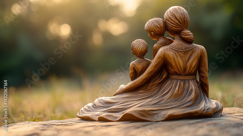 Minimal wooden sculpture of a mother embracing her children, symbolizing nurturing, family unity, and generational connection; represents demographics, population growth, and social care.

