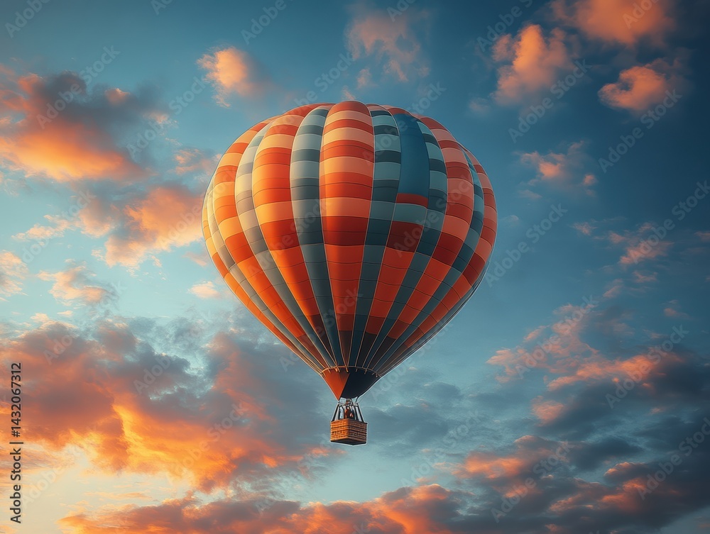 Fototapeta premium Colorful hot air balloon soaring through a vibrant sunset sky with clouds