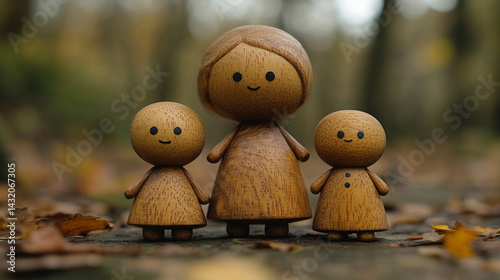Minimal wooden sculpture of a mother embracing her children, symbolizing nurturing, family unity, and generational connection; represents demographics, population growth, and social care.

