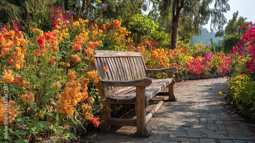 High resulation image of wooden bench in a beautiful flower garden on a sunny summer day.