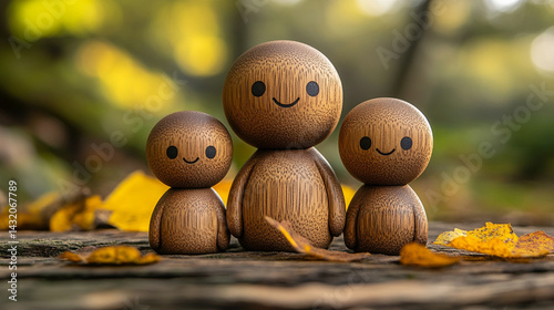 Minimal wooden sculpture of a mother embracing her children, symbolizing nurturing, family unity, and generational connection; represents demographics, population growth, and social care.

