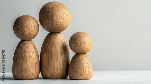 Minimal wooden sculpture of a mother embracing her children, symbolizing nurturing, family unity, and generational connection; represents demographics, population growth, and social care.

