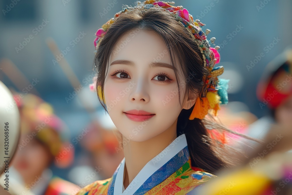 Fototapeta premium Traditional Attire with Vibrant Headpiece and Festive Colors