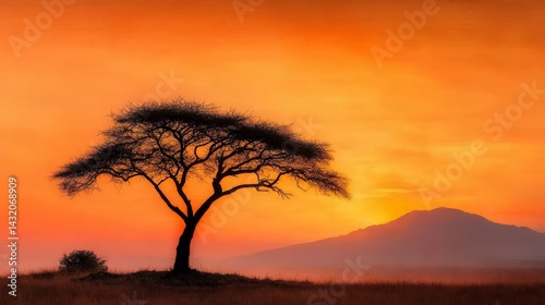 Silhouetted Acacia Tree at Sunset, African Landscape with Road and Sun