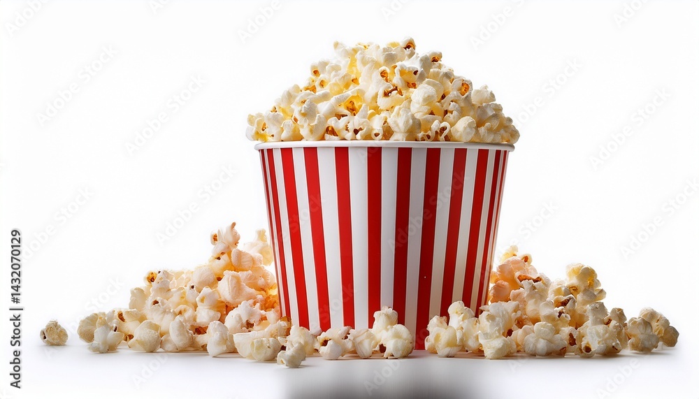 a red and white striped bucket filled with popcorn isolated on a white background a red and white striped bucket filled with popcorn isolated on a white background