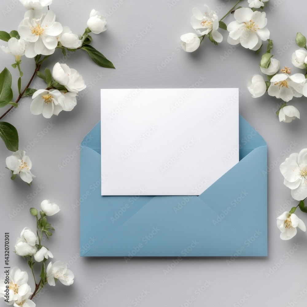 White flowers and blue envelope featuring a blank card inside White flowers and blue envelope featuring a blank card inside