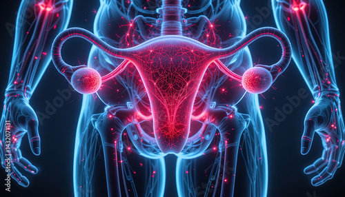 Visual representation of the female reproductive system, emphasizing its skeletal and vascular connections with the rest of the body, utilizing vibrant colors and clear lines for a comprehensive view.