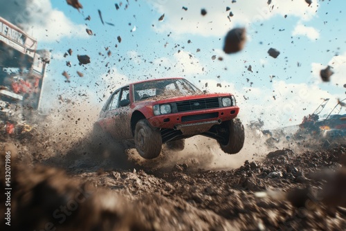 Exciting off-road racing action with a bright red car soaring through airborne mud at a thrilling motorsport event