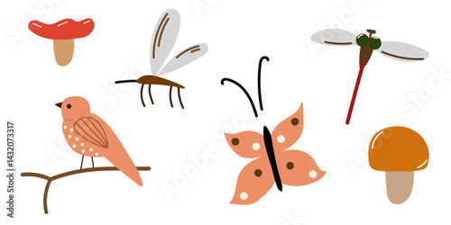 Set of forest insects, mushrooms and bird.
