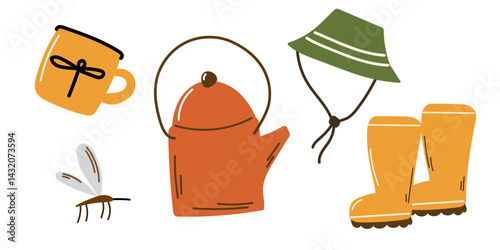 Hiking set with rubber boots, had, kettle and mug