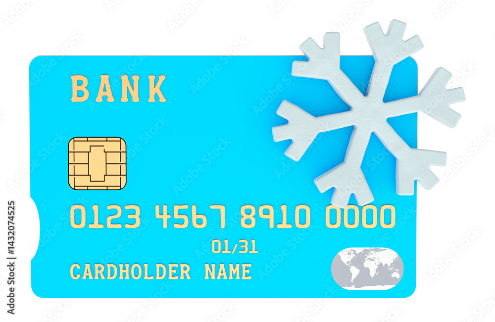 Credit card with snowflake. Frozen Bank Account, concept. 3D rendering isolated on transparent background